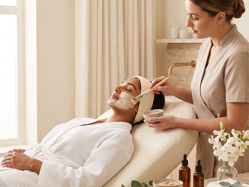 Therapist applying a facial mask to a reclining client at S For Swag Beauty Lounge
